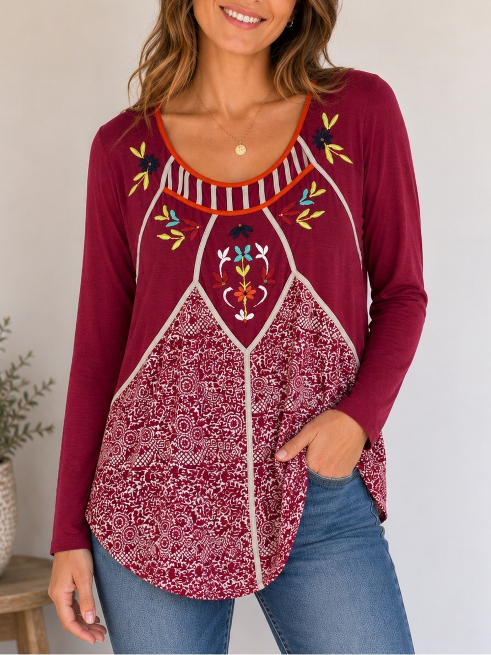 Anthropologie Ric Rac Jalapa Berry Pink Embroidered Cut-Out Crew Neck Size Large